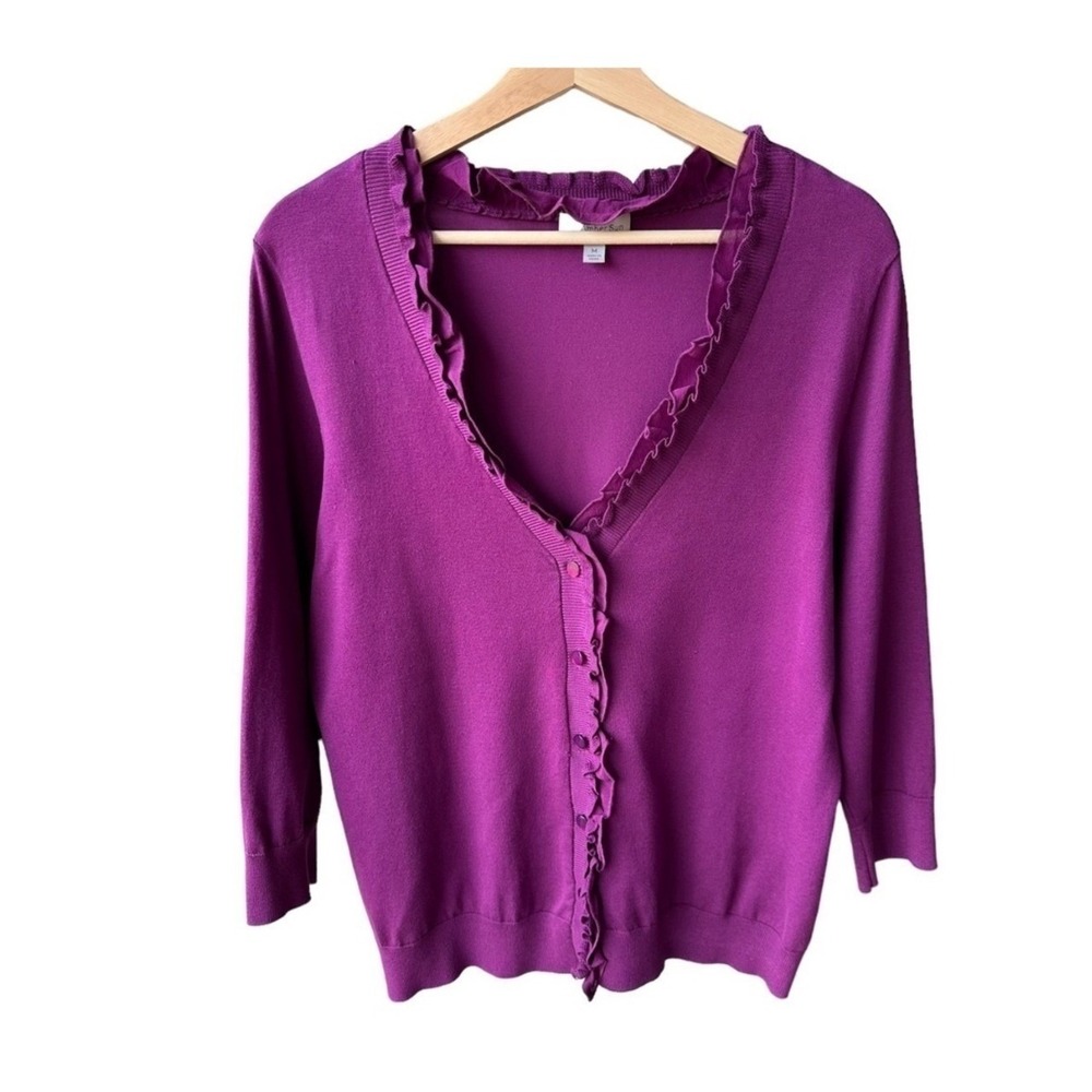 Amber Sun Cardigan Sweater Magenta Purple Silk Blend Ruffle Neck Business Medium